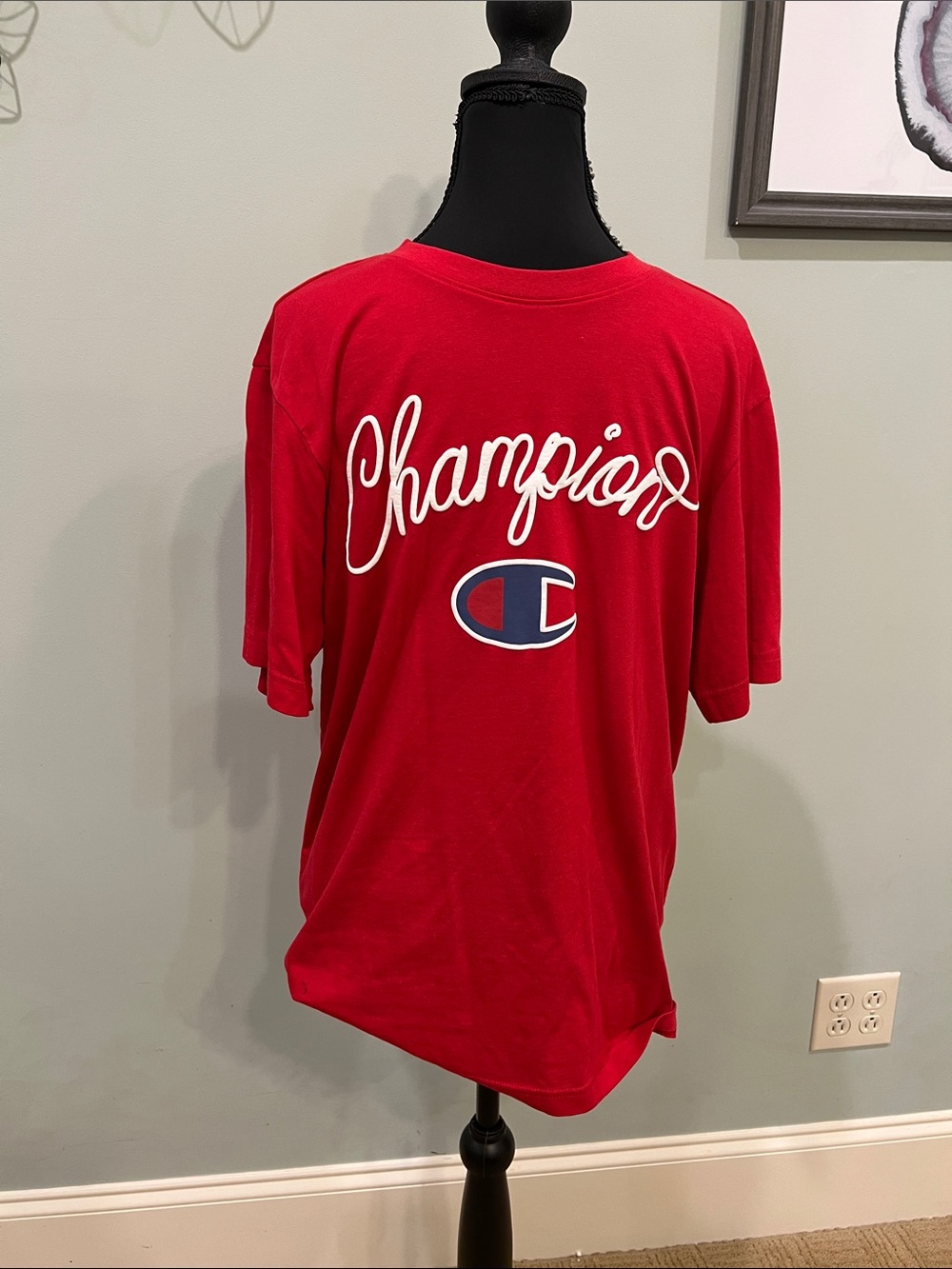 Champion Red Script Logo T-Shirt with Navy & White Emblem-NWOT